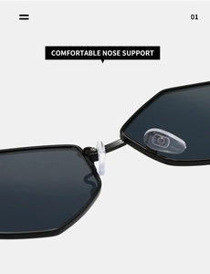 Detalle de almohadillas de silicona en gafas de sol metálicas negras poligonales
