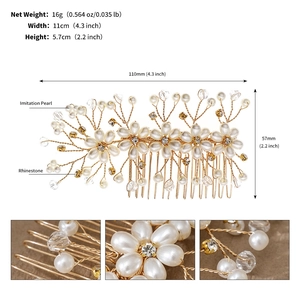 Detailed size and material guide for bridal hair comb with pearls and rhinestones