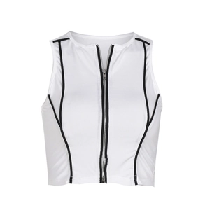 Detailed view of white ribbed crop top with black contrast trim and front metal zipper