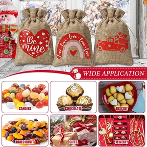 Linen drawstring gift bags with red heart patterns for Valentine's Day party favors