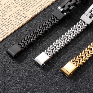 Detail view of woven titanium steel men's bracelets in black, gold, and silver finishes