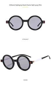Detailed front and side views of round retro punk sunglasses in black and light grey C2
