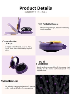 Detail view of foldable purple pumpkin hairbrush with built-in mirror and nylon bristles