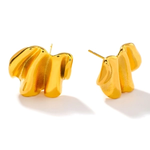 Modern geometric wavy gold stainless steel stud earrings for women with a glossy finish