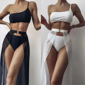 One Shoulder Bikini Top And High Waist Bottoms With Sheer Slit Cover Up Skirt Metal Buckle Sexy Beach Swimwear