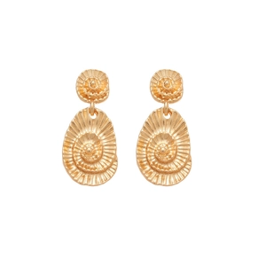 Golden oval spiral seashell earrings with minimalist metallic texture on a white background
