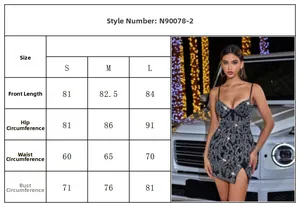 Detailed size guide table for rhinestone camisole evening dress with model visual reference