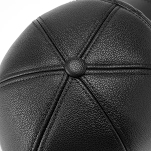 Men's black PU leather cap with classic litchi texture and premium stitched top button