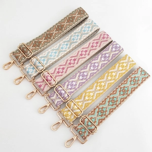 Ethnic style jacquard wide bag straps with colorful geometric patterns and gold metal buckles