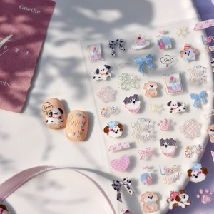 Cute Dog Cartoon Nail Stickers 3D Embossed Adhesive Nail Decals Puppies Bows Hearts Sweet Style Nail Art Decoration