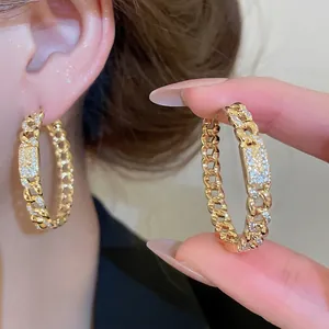 18k gold plated Cuban link hoop earrings with rectangular pave cubic zirconia stones