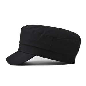 Classic black solid color military flat top hat for women with a structured cotton finish