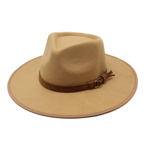 Classic camel wide-brim felt fedora hat with brown leather band and gold buckle detail