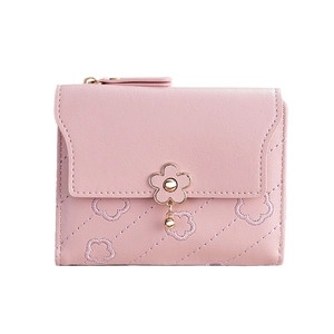 Pink short women's wallet with floral embroidery and gold flower snap closure