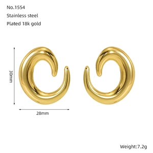 Detail view of 18k gold plated stainless steel C-shaped earrings with size dimensions