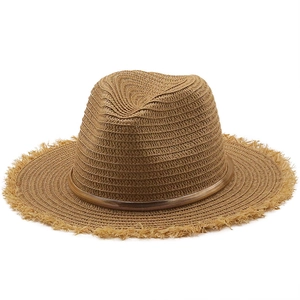 Women's raffia sun hat with fringe brim and gold chain trim for outdoor travel