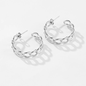 Minimalist S925 sterling silver chain link earrings in C-shape design with metal finish