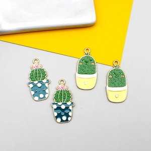 Nordic enamel cactus and succulent charms with gold loops for DIY jewelry making
