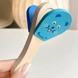 Wooden blue cartoon animal castanet musical toy for toddlers with natural wood handle