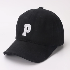 Side view of black cotton baseball cap with white embroidered P letter and curved brim