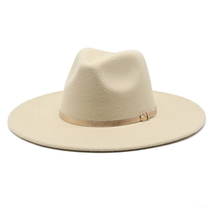 Classic 9.5cm wide brim wool felt jazz hat with gold buckle band in beige