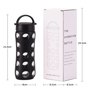 Bouteille d'eau minimaliste en verre 17oz avec étui en silicone noir et couvercle à poignée