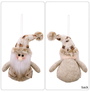 Front and back detail of a plush Christmas gnome with sequin knit hat and faux fur beard