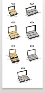 Detailed size chart for multi-slot watch storage boxes ranging from 3 to 24 slots
