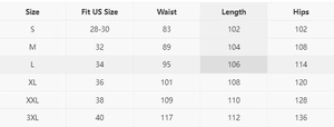 Detailed size guide for men's linen trousers showing waist and length measurements