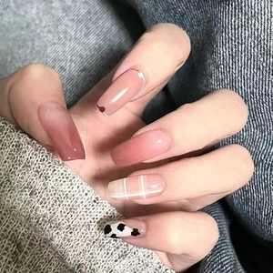 Long Ballet Press On Nails Gradient Blush Cow Print Artificial False Nails Glossy Full Cover Removable Manicure Decor
