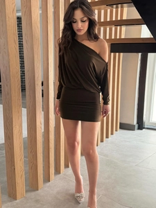 One Shoulder Ruched Bodycon Mini Dress Long Sleeve Slim Fit Dark Brown Knit Party Club Night Out Tight Dress For Women