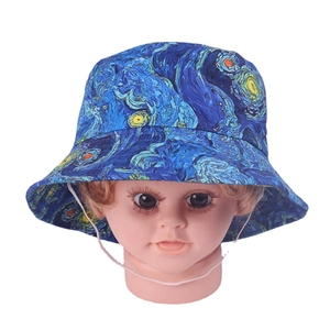 Detail of baby sun hat featuring starry night print and adjustable white chin strap