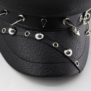 Punk black leather military hat with silver metal spikes and rivet studs detail