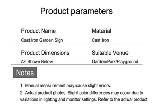 Tableau des spécifications du panneau de jardin en fonte montrant les matériaux et tailles