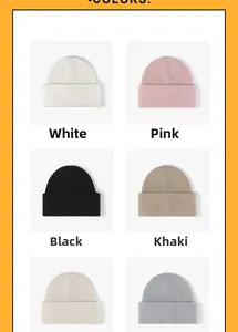 Various colors of warm knitted beanies with soft fleece cuffs for winter outdoor use