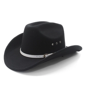 Classic black wool felt western cowboy hat with white leather belt and metal eyelets