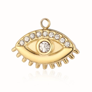 Detailed view of golden evil eye pendant with embedded crystals and stainless steel finish