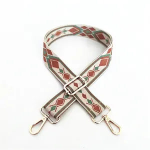 Ethnic style embroidered guitar strap replacement with geometric pattern and gold buckles