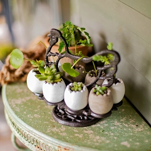 Support à œufs vintage en fonte en forme de coq avec pots de fleurs décoratifs