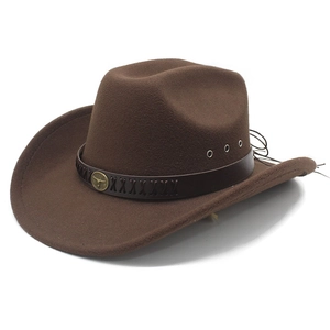 Chapeau De Cow-Boy Western En Feutre De Laine Large Bord Avec Bande En Cuir Boucle De Taureau En Métal Style Vintage