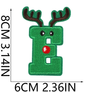 Detail of Christmas letter E elk embroidery patch with dimensions 8x6cm in green and brown