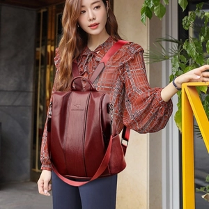 Zaino multiuso in pelle PU bordeaux con cerniera antifurto per donne alla moda