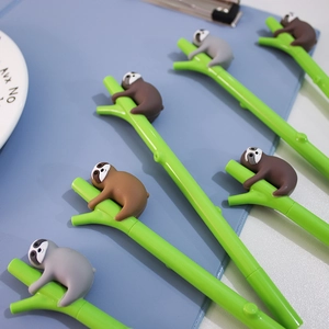Creative sloth-shaped gel pens with green tree branch style body and cute cartoon tops