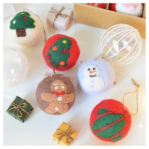 Flat lay of wool felt Christmas ornaments featuring gingerbread man and snowman designs