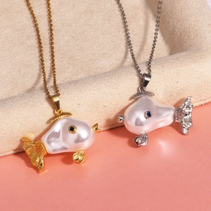 Cute Goldfish Pendant Necklace With Artificial Baroque Pearl Body And Blue Gemstone Eyes Brass Sweet Animal Jewelry For Women