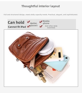 Detail view of brown PU leather crossbody bag showing internal capacity for daily essentials