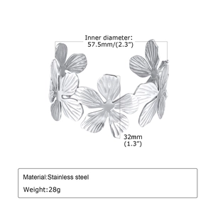 Detailed size specifications for flower stainless steel cuff showing 57.5mm diameter
