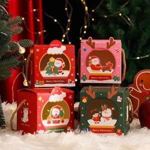 Christmas window gift boxes with festive cartoon illustrations and woven handles