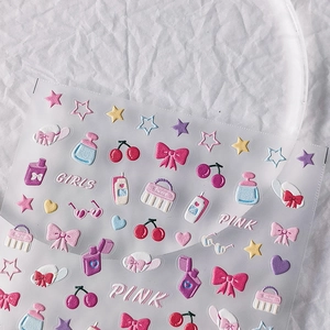 5D stereoscopic pink nail stickers with 3D embossed hearts, bows and GIRLS designs