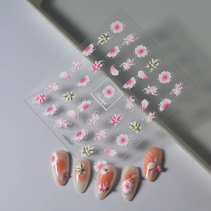 Macro detail of 3D embossed pink cherry blossom nail stickers with FEB-748 model design